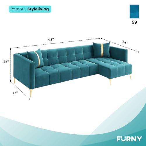 Image of FURNY Styliving 6 Seater Fabric RHS L Shape Sofa Set (Aqua Blue) with Golden Finish Legs | Durable & Comfortable | Ideal for Living Room