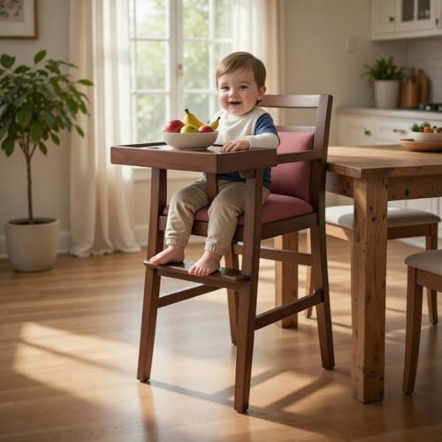 Image of Solid Sheesham Wood Baby High Chair with Removable Tray | Feeding Chair for Babies & Todlers (6 Months-5 Years) | Cushioned Seat with Safety Harness | Premium Walnut Finish