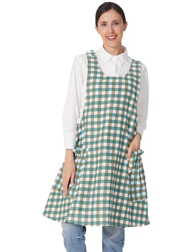 Image of Cozy Adjustable Cross Back Aprons for Women with Pockets Cotton Linen Cooking Kitchen Baking