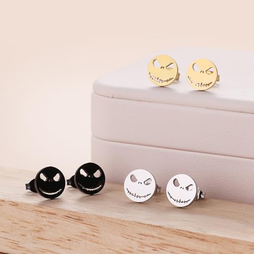 Dreuyet 4 Pairs Stainless Steel Jack Skellington Skull Stud Earrings for Men Halloween Skeleton Head Cut-Out Stud Post Earrings Horror Halloween Atmosphere Studs Jewelry Unisex4