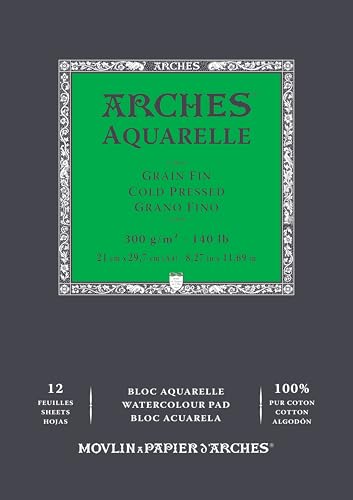 Arches Aquarelle 100 Fino 300g Bloc Encolado A4 12 Hojas Blanco Natural, Color Fila A1795091