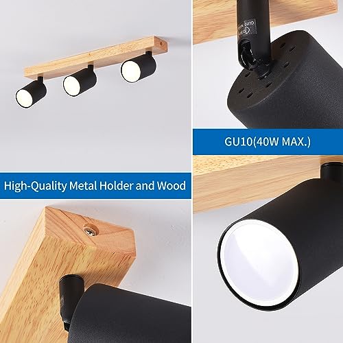 ANWIO Black Wood Led Spot Lights for Ceiling,3 Way Ceiling Light Fitting,Wood Bedroom Lights Ceiling with GU10 Smart Bulbs,Adjustable Kitchen Lights Ceiling(Bulbs Included,EUS-EA1) - Image 6