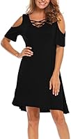 Bluetime Women Summer Cold Shoulder Criss Cross Neckline Short Sleeve Casual Tunic Top Dress (S-3XL)