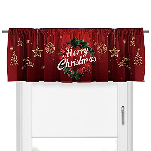 Deztibos Christmas Holly Wreath Kitchen Curtain Valance 52x18inch with Rod Pocket Half Short Red Ornaments Star Deer Laundry Cutain Topper Window Valance