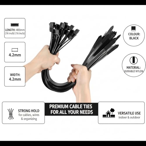 Image of 16-Inch Cable Ties (200-Pack) - Heavy Duty 400mm x 4.2mm Self-Locking Nylon Zip Ties | Strong Wire Fasteners with Teeth Grip for Organizing, Bundling & Securing