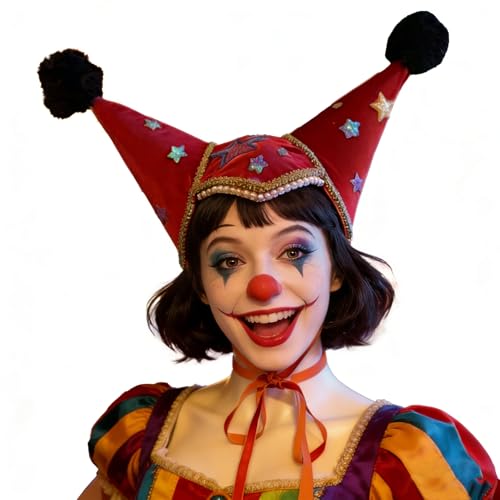 GRACEART Colorful Jester Clown Hat for Adults Carnival Circus Costume Accessory with Pom-Poms Party & Halloween Dress-Up Hat (Wine)