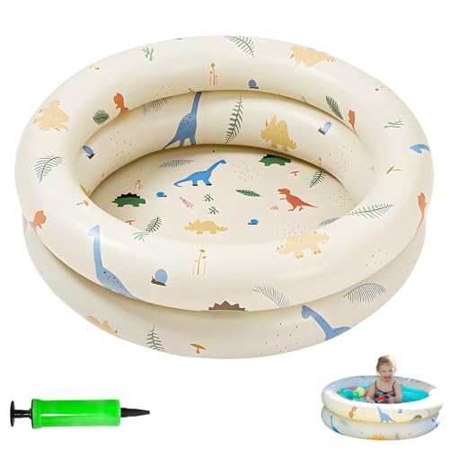 SilverChry Piscine Enfant, Piscine Bebe Pataugeoire, Piscine Gonflable Enfant Dinosaure, Piscine Gonflable à Double Anneau en PVC Premium de Qualité avec Fond de Bulle de Sécurité Gonflable, 90x25 cm