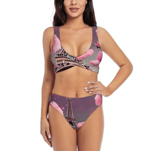 Maillot de bain 2 pièces motif floral rose et Tour Eiffel Paris femme
