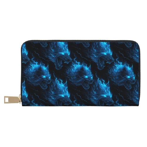 Leather Thin Slim Wallets for Women Men - Fashion Cool Wolf Blue flame Print Card Wallet Holder with Zipper