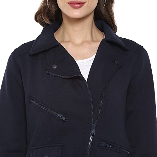 Image of PINACOLADA Spread Collar Navy Blue Solid Stylish Zipper Casual Jackets
