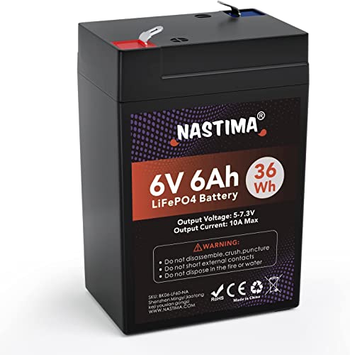 NASTIMA Batteria Ricaricabile 6V 6Ah LiFePO4 con Protezione BMS e Ciclo Profondo 2000, Telecamere di Sorveglianza, Macchinine per Bambini, Barche a Motore, Campeggio, Pannelli Solari