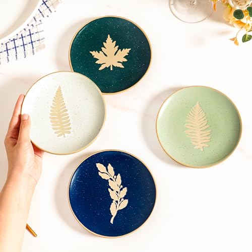 Image of Nestasia Ceramic Round Snack Plate Set of 4 (15cm Each) - Leaf Embossed Small Plates for Serving Snacks & Desserts | Microwave & Dishwasher Safe (Green, Sage Green, Blue & White)