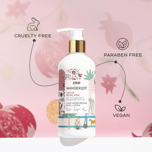 Image of Nykaa Wanderlust Jaipur Royal Pink Moisturising Body Lotion, 300 ml | Tuberose and Red fruits Perfume | Lightweight, Long-Lasting Hydration | Vegan, Paraben-Free I | Suitable for All Skin Types | 300 ml, Lightweight, Long-Lasting Hydration, Vegan, Paraben-Free