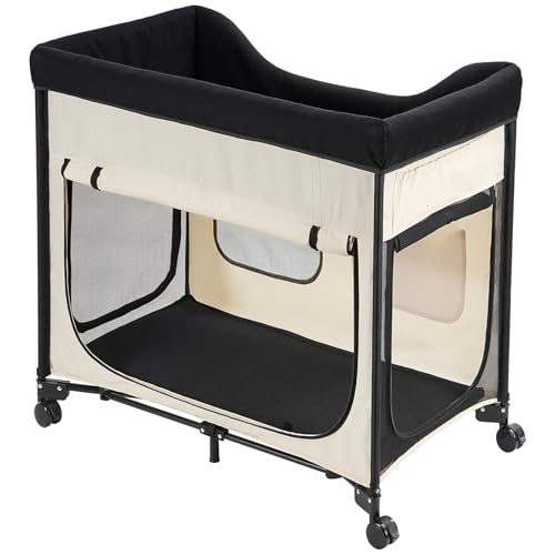 VEVOR erhöhtes Haustierbett (L), Faltbare Hundeliege mit 600D Oxford-Stoff & holländischem Samt, tragbares erhöhtes Kinderbett mit Rädern & seitlichen Aufbewahrungstaschen & Tragetasche, Beige