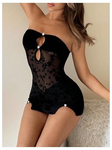 Milumia Women's Strapless Cut Out Mesh Sheer Tube Dress Sexy See Through Club Bodycon Mini Dresses Rave Concert3