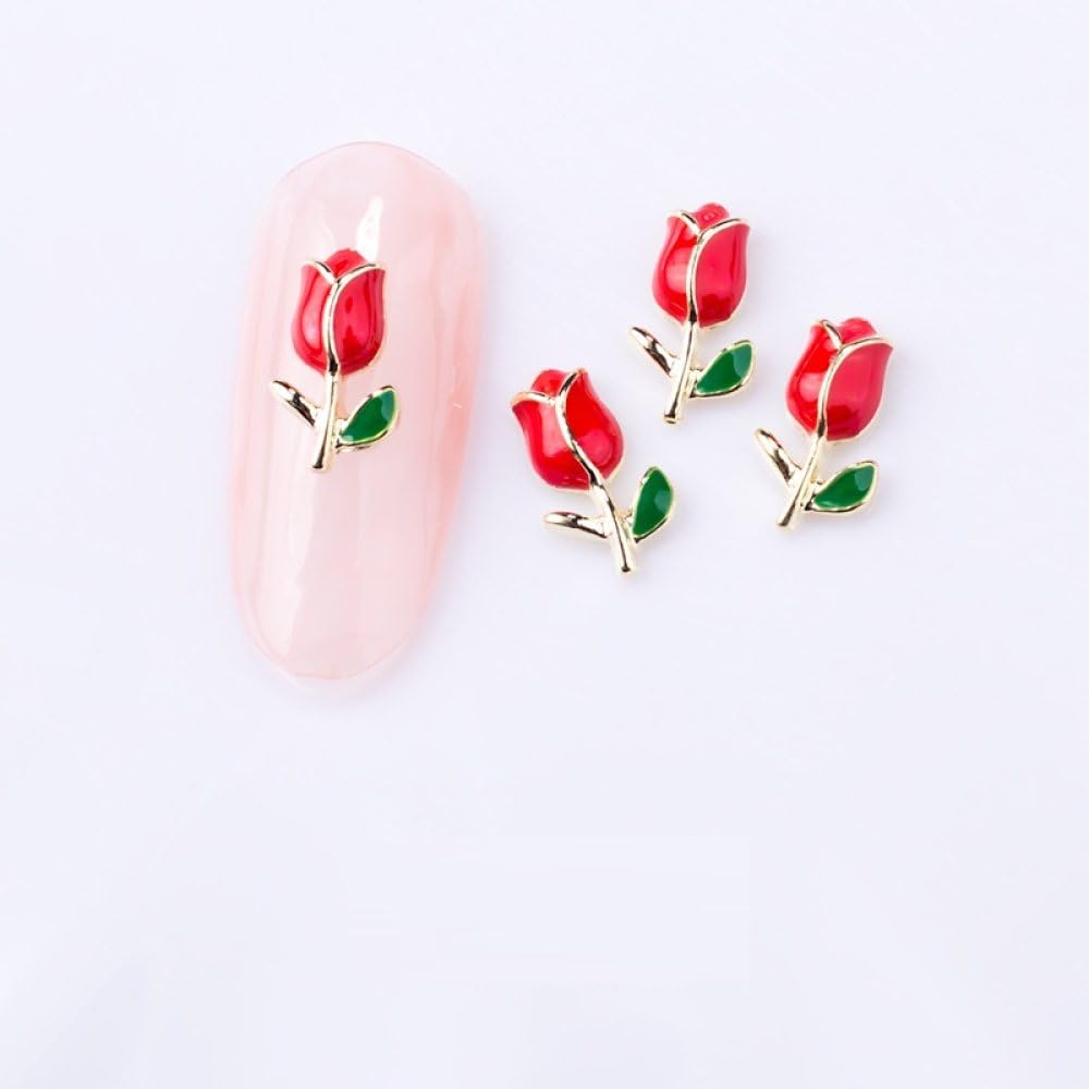 qbodp 20 Pcs Gold Edge Tulip Nail Charms, Fashion Nail Ornaments, Flower Decorations for Nail, Nail Supplies Nail Art Decoration Accessories,Red