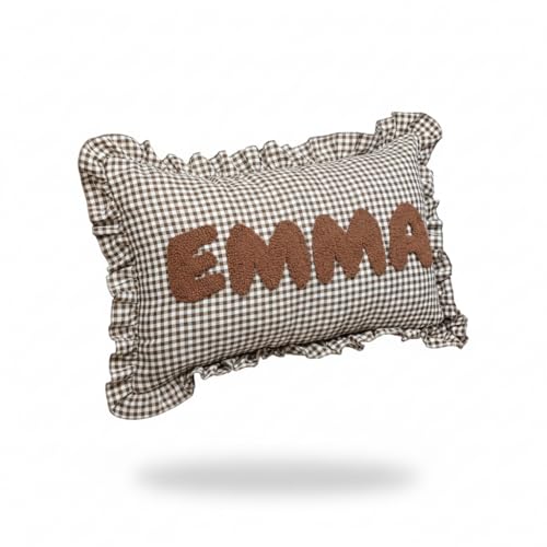 Personalized Frilly Punch Needle Name Throw Pillow – Custom Embroidered Gingham Fabric for Baby Nursery or Kids’ Room – Handmade Ruffled Lumbar...