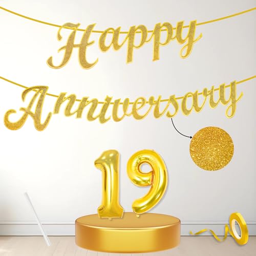 Image of Flyloons 19th Happy Anniversary Banner Gold Decorations Kit for Men Women Wedding Anniversary Banner Items without Balloons