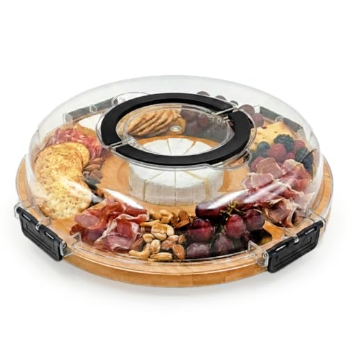Käsebrett mit Deckel - Bambus Charcuterie Board für Snack & Antipasti, Rund Käseplatte Servierbrett Küchenbrett, Tragbares Servierplatte für Picknick, 30 x 30 x 6,5 cm – Bild 3