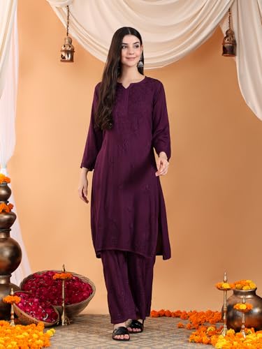 Image of POSHAK CHIKAN STUDIO Women's Hand Embroidered Lucknowi Chikankari Rayon Co-ord Set