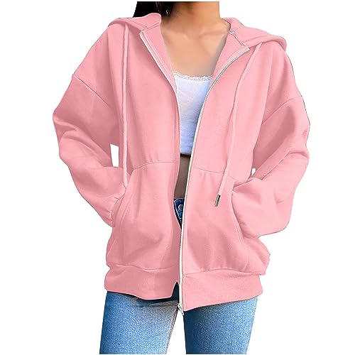Hoodies for Women Long Sleeve Loose Fit Zip Up Fashion Sweatshirts Casual Solid Lightweight Hooded Jackets