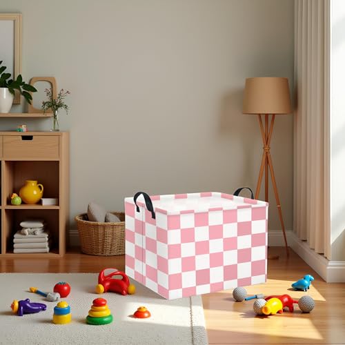 Image of Rectangular Baby Girl Basket Fabric Storage Basket Storage Bin Organizer Box Room Decor(Pink Checkered)
