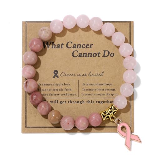 Breast Cancer Bracelets Natural Stone What Cancer Cannot Do Inspirational Bracelet for Women Pink Ribbon Cancer Awareness Handmade Beaded Encouragement Gift With Message Card