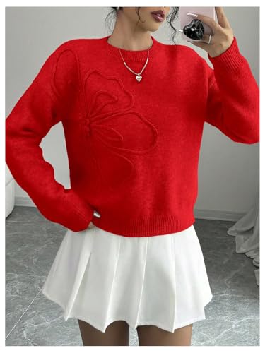 Image of RoseSeek Women's 3D Floral Appliques Crewneck Sweaters Long Sleeve Drop Shoulder Pullovers Elegant Knit Tops