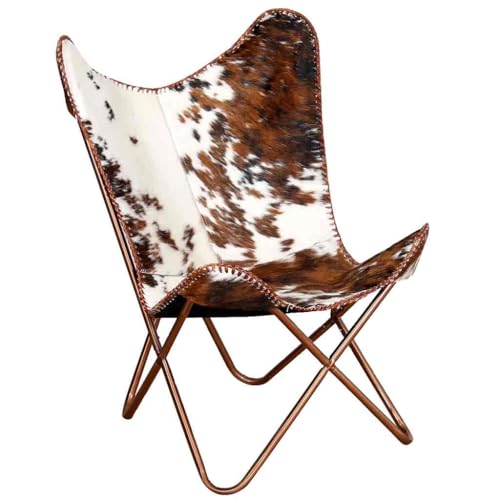 vidaXL Chaise Papillon Marron et Blanc Cuir de Vache, Fauteuil, Chaise Longue, Chaise Papillon en Cuir, fauteuils, chaises Longues