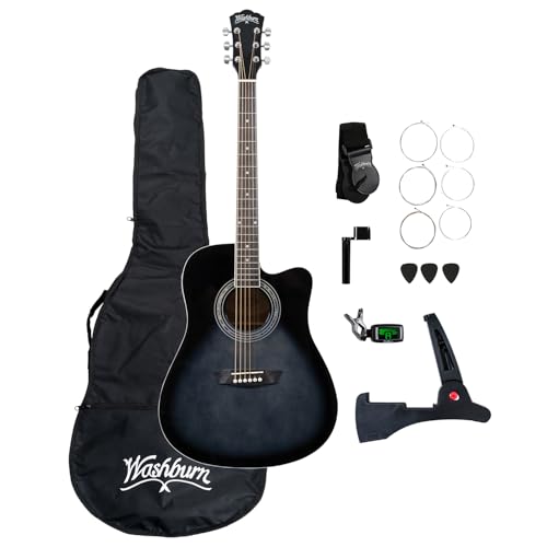 Washburn Paquete de 6 cuerdas para aprender y jugar, paquete de guitarra acústica-eléctrica, derecha,...