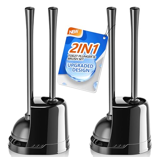 LOVLOY Toilet Plunger and Brush, Bowl Brush and Heavy Duty Toilet Plunger Set with Ventilated Holder, 2-in-1 Toilet Brush and Plunger Combo for 5.3-inch Toilet Drain Bathroom Cleaning (Black, 2 Set) -  LV-161-BLK02