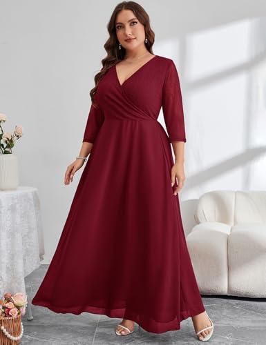 Image of ZOMVA Plus Size Maxi Formal Dress Lace Chiffon Floral V-Neck Wrap Wedding Guest Evening Gown Cocktail Prom 3 /4 Sleeves
