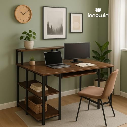 Image of INNOWIN The Woods Computer Table with Keyboard Tray for Home Office, Office Desk with Storage, Engineered Wood Finish Study Writing Computer Laptop Table Desk