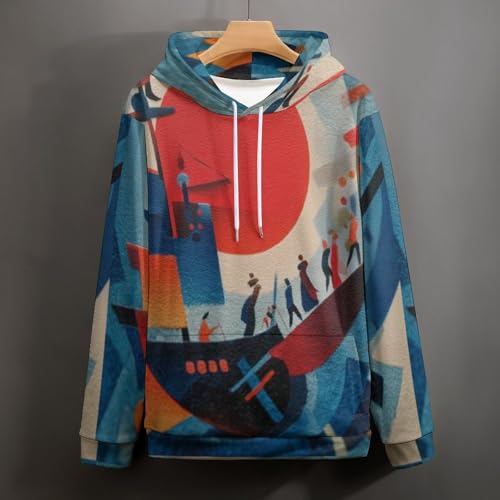 Sweat à capuche imprimé 3D bateau géométrique pull unisexe bleu pour couple - 5