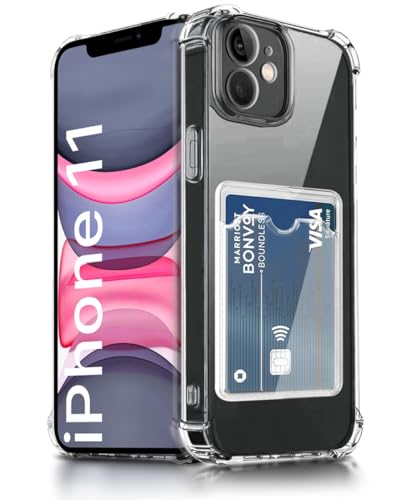 Image of WOW IMAGINE Transparent Back Cover Case for iPhone 11 | Flexible Built-in Slim Card Pockets Wallet | 360 Camera Protection TPU | Soft Silicone Mobile Cover - Transparent