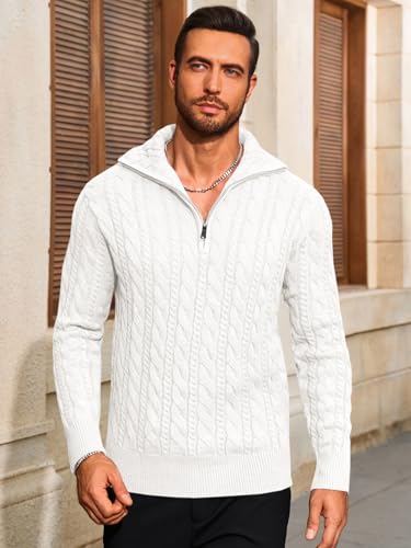 Yousify Mens Quarter-Zip Pullover Sweater Casual Mock Neck Cable Knitted Winter Warm Chunky Polo Sweaters2