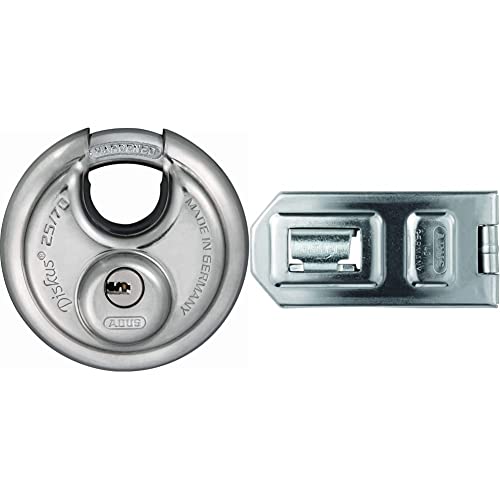 ABUS Diskus Vorhängeschloss 25/70 - inkl. 5 Schlüssel - Silber & Diskus Überfalle 140/120 - Vorrichtung für Vorhängeschlösser - für einschlagende Türen - 05315 - ABUS-Sicherheitslevel 8 - Silberfarben