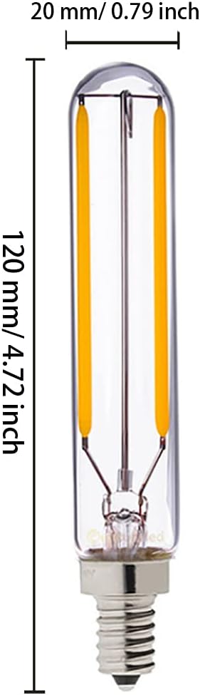 E12 T20 Vintage LED Light Bulb 2W Dimmable Tubular Edison Bulb 120mm Long Filament Tube Lamp Antique COB Candelabra Light for Cabinet Display Cabinet 2200K Warm White, AC 110V, Clear Glass, 4 Pack