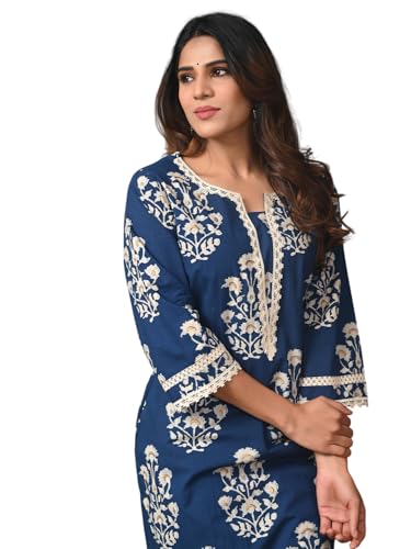 Image of Rimeline Women's Cotton Printed Kurta with Lace Yoke Detail | Elegant Straight Fit Ethnic Wear for Office, Casual & Daily Styling