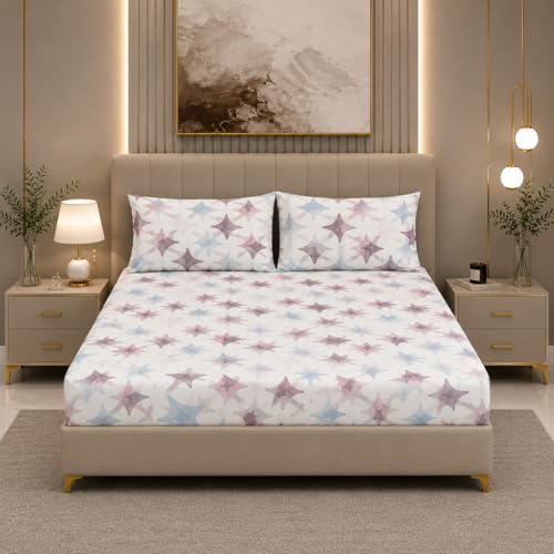 Image of Premium Cotton Double Bed Elastic Fitted Bedsheet All Around Elastic Queen Size with 2 Pillow Covers (60 inch x 78 inch inches, Stars)