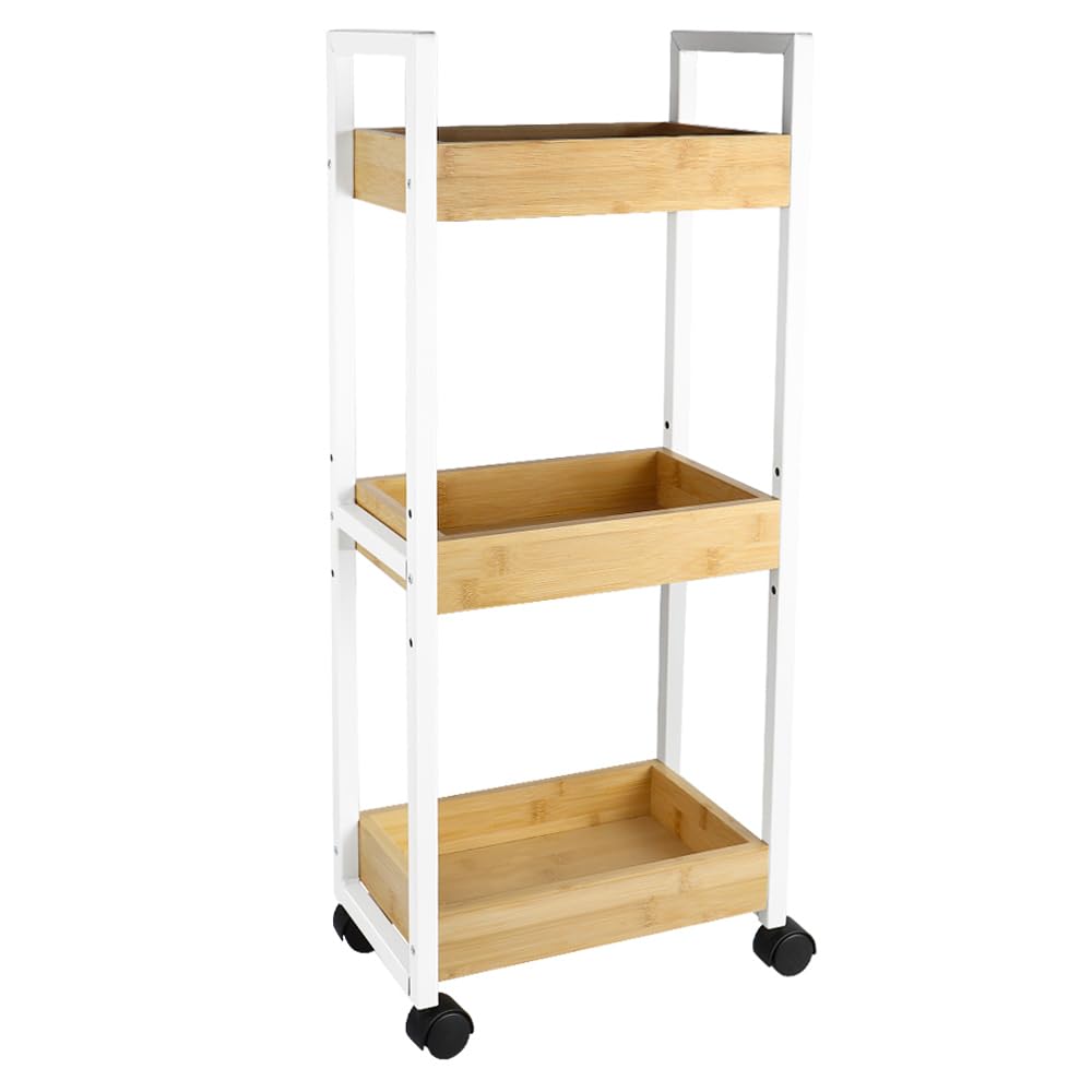 Étagère Mince de Salle de Bains, Chariot de Rangement à 3 Niveaux sur roulettes,Etagère en Bambou et Bois de Salle de Bain Étagère Debout 3 paniers dim. 30L x 20l x 80H cm-Blanc