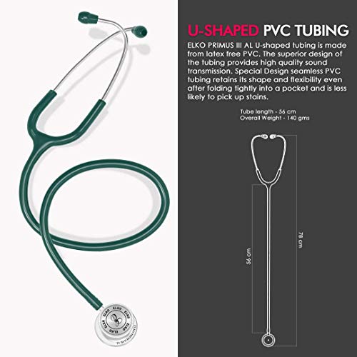 Image of ELKO EL-160 Primus III AL Aluminum Head Stethoscope For Doctors and Medical Students | Double Sided Chest Piece For Adult & Pediatric Patients | U-Shaped PVC Tubing | Soft Sealing Ear Knobs (Green)