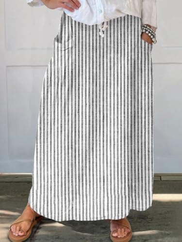 chouyatou Women's Vertical Striped High Waist Maxi Skirt Vintage Floral Cotton Long Skirt with Pockets2