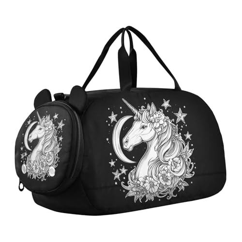 Unicorn Moon Stars Black Kids Travel Duffel Bag for Boys Girls Overnight Weekend Tote Bag with Shoes Compartment for Gym Sports Dance