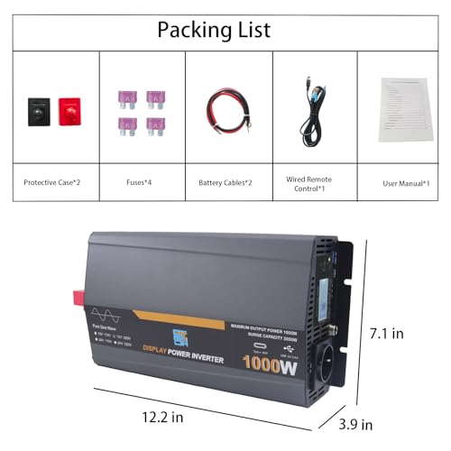 SZSSTH 1000 W (2000 Watt Spitzenleistung) Reine Sinus-Wechselrichter 12 V bis 230 V Solarstromwandler Netzunabhängiger Solarwechselrichter mit LCD-Display, 1 Typ C, 1 USB-Anschluss, Fernbedienung