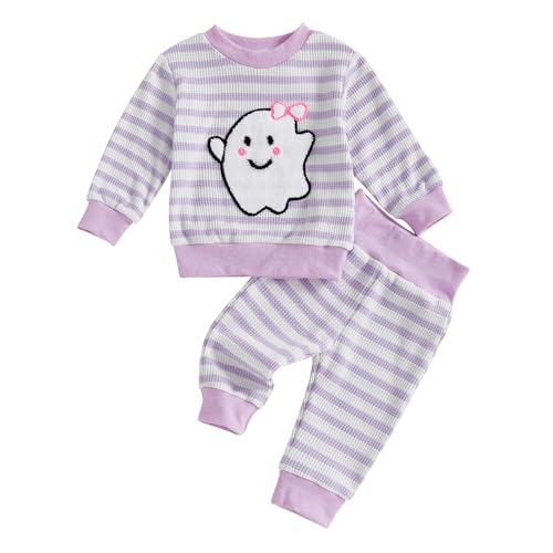 Halloween Toddler Baby Girl Clothes Stripes Waffle Sweatshirt Pullover Pants Set Kids Girls Spooky Fall Outfits