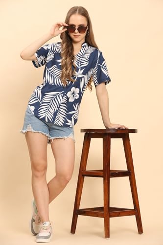 Image of Womens Casual Shirt Soft Beach Shirts Floral Tropic Print V Neck T-Shirt Short Sleeve Button Up Tops