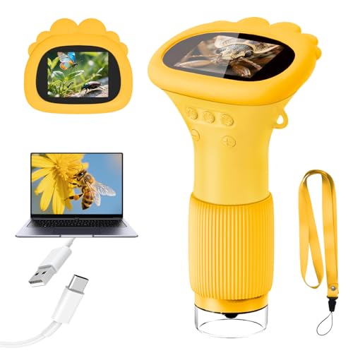 Acoath Mikroskop für Kinder, Digitales Taschenmikroskop mit 2,0' IPS-Bildschirm Lupe 200x Vergrößerung, 8 LED Lights Handy Kindermikroskop für Garten Spielzeug - Gelb