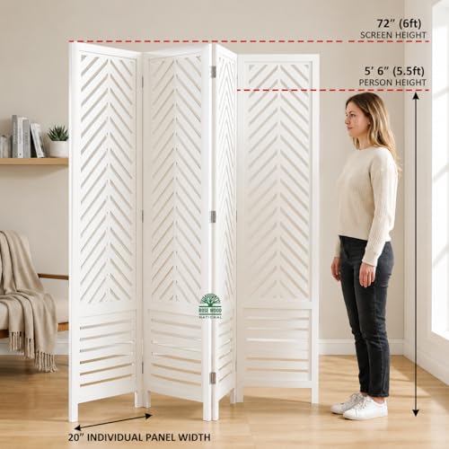 Image of Wooden Room Divider 6 Feet, 4-Panel Folding Wooden Partition for Living Room, Office, Pooja Room, Restaurant, Kitchen & Balcony (2W x 1.82H Meters). (White-Cone Pattern)