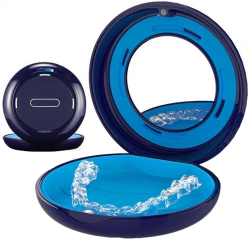 Retainer Case with Mirror Slim Aligner Case for Invisalign Night Guard & Mouth Guard Adjustable Vent Holes Blue